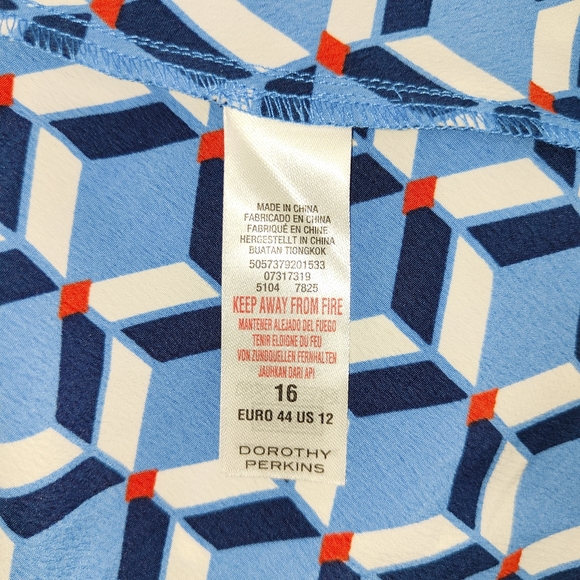 Dorothy Perkins Blue Red Dress Size UK 16 Faux Wrap Belted Mixed Pattern V-Neck - Picture 10 of 11